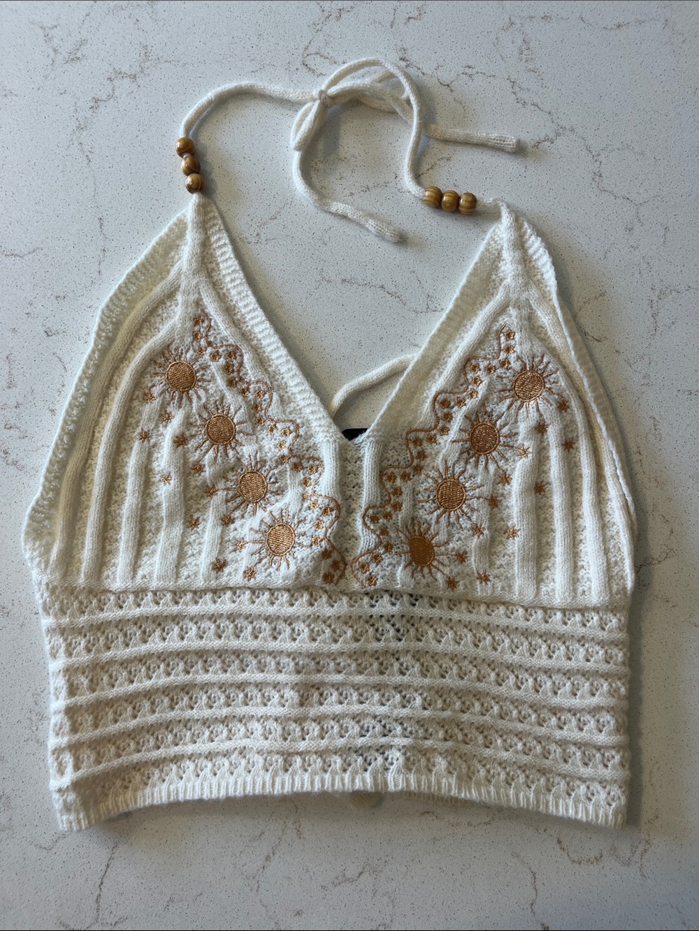 ROMWE Cream Crochet Halter Crop Top with Tan Sun Embroidery Accents